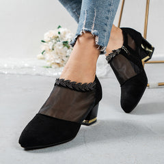 Rhinestone High Heel Side Zip Shoes Mesh Panel Pointed Toe Pumps