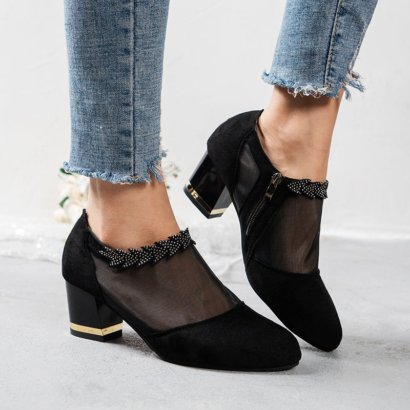 Rhinestone High Heel Side Zip Shoes Mesh Panel Pointed Toe Pumps