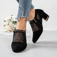 Rhinestone High Heel Side Zip Shoes Mesh Panel Pointed Toe Pumps