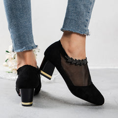 Rhinestone High Heel Side Zip Shoes Mesh Panel Pointed Toe Pumps