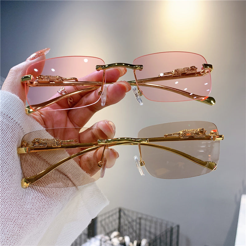 Vintage Rimless Cut Edge Sunglasses Golden Leopard Frame UV400