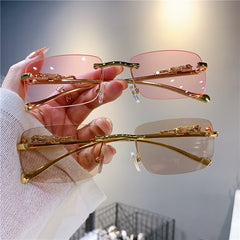 Vintage Rimless Cut Edge Sunglasses Golden Leopard Frame UV400