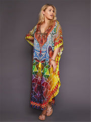 Colorful Graphic Print Kaftan Dress Loose V Neck Maxi Vacation Dress
