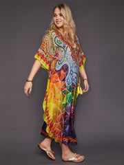 Colorful Graphic Print Kaftan Dress Loose V Neck Maxi Vacation Dress