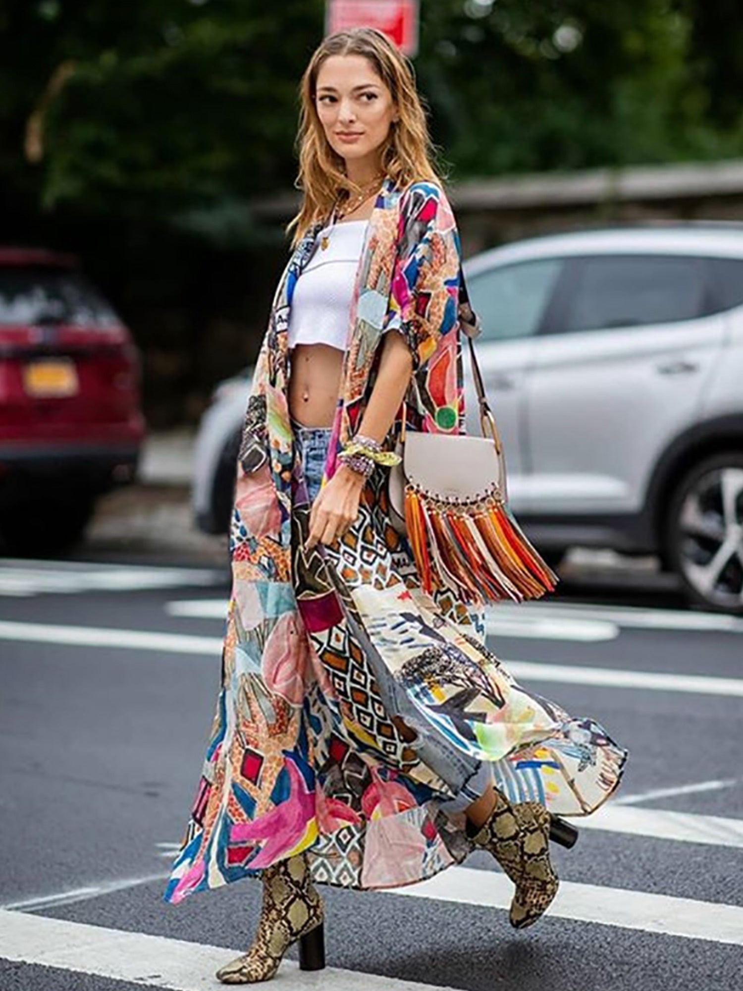 Colorful Anime Print Beach Robe Boho Style Cover Up Kimono Cardigan