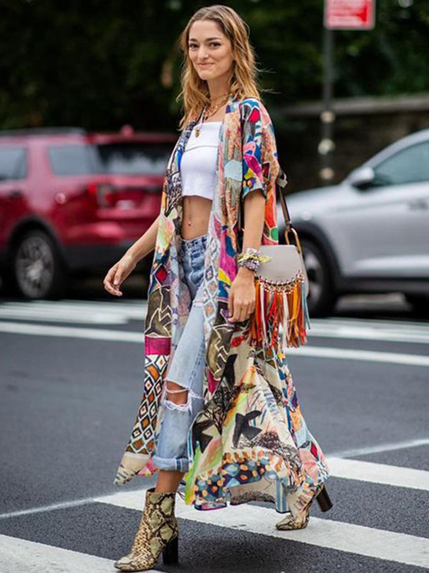 Colorful Anime Print Beach Robe Boho Style Cover Up Kimono Cardigan