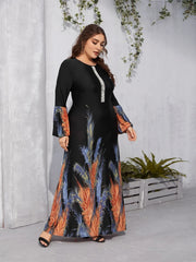 Colorblock Round Neck Maxi Dress Plus Size Women's Long Sleeve High Waist Dress