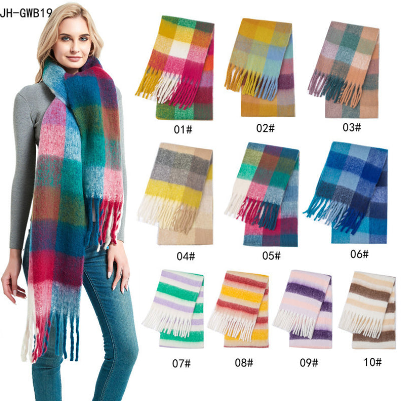 Women Plaid Scarf Woolen Shawls Thick Tassel Warm Scarves