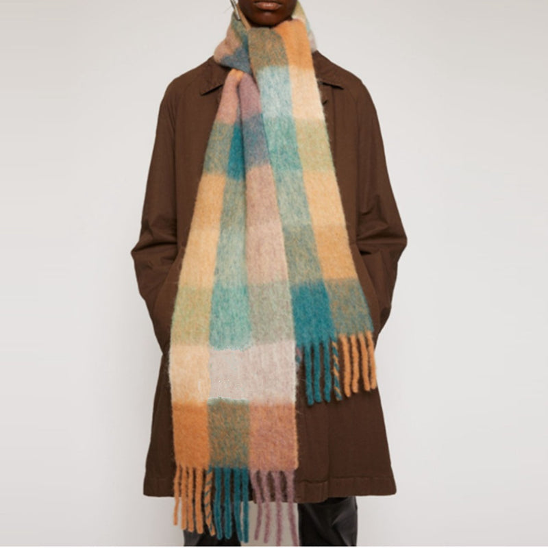 Women Plaid Scarf Woolen Shawls Thick Tassel Warm Scarves