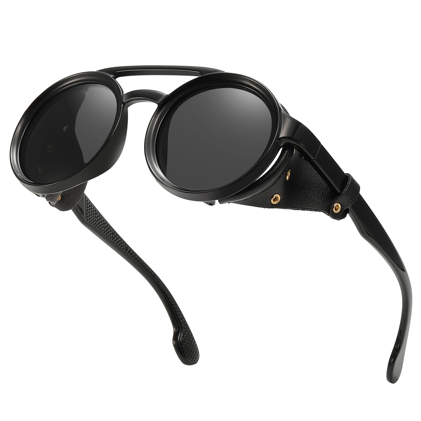 Vintage Steam Punk Style Round Polarized Sunglasses with Leather Side Shield