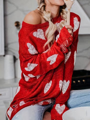 Heart Print One Shoulder Sweater