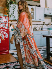 Tribal Pattern Long Robe Contrast Trim Kimono Cover Up