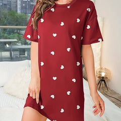 Heart Print NightDress Short Sleeve Pajama Dress Women's Sleepwear