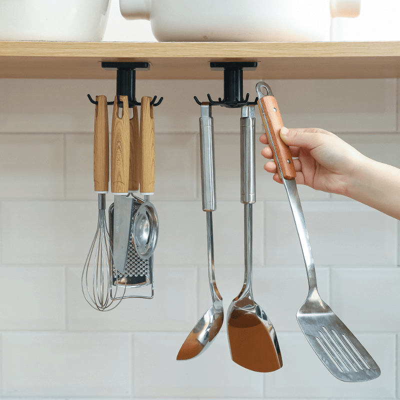 6 Hook Self Adhesive Kitchen Hooks for 360 Degree Rotation