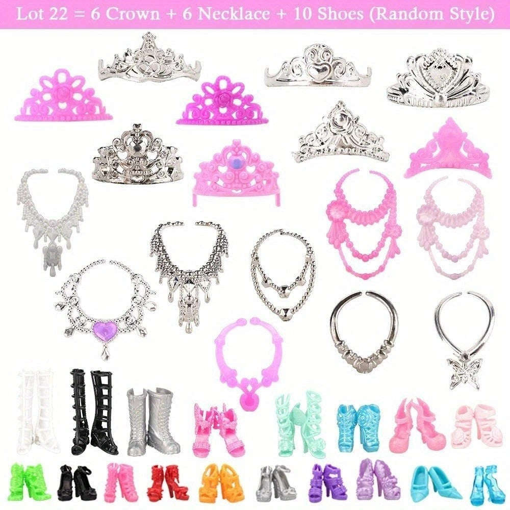 32pc Character Girl Doll Dress Up Set: Clothes, Shoes, Crowns, Necklaces