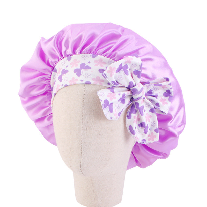 Kids Satin Bowknot Sleeping Caps Head Cover Hair Care Cap Night Hat