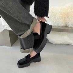 Suede Platform Chunky Heeled Loafers Square Toe Shoes