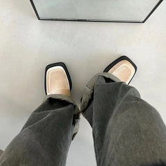 Suede Platform Chunky Heeled Loafers Square Toe Shoes