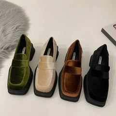 Suede Platform Chunky Heeled Loafers Square Toe Shoes