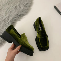 Suede Platform Chunky Heeled Loafers Square Toe Shoes
