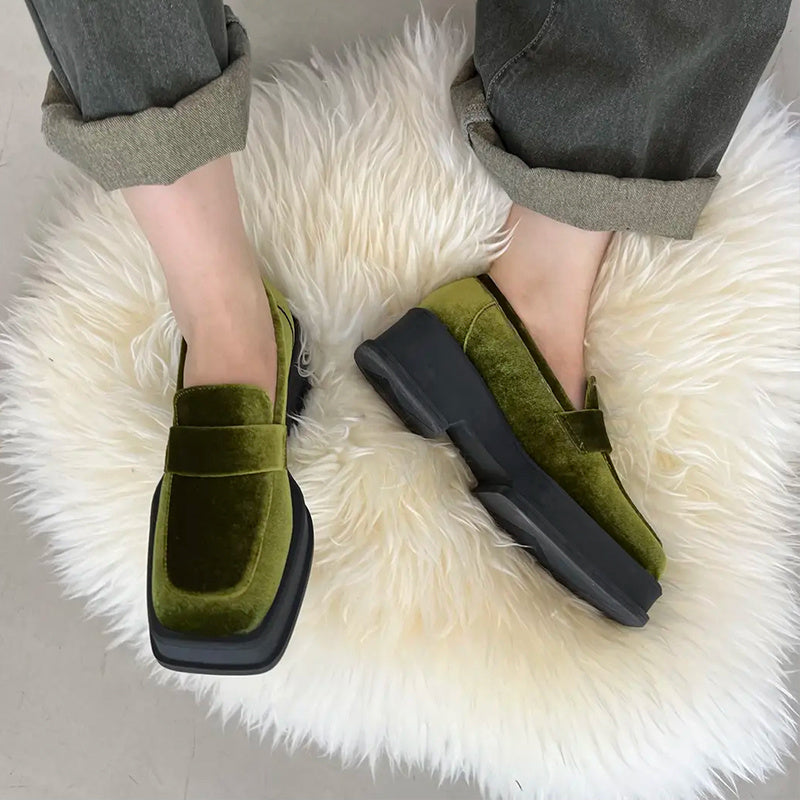 Suede Platform Chunky Heeled Loafers Square Toe Shoes