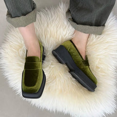 Suede Platform Chunky Heeled Loafers Square Toe Shoes