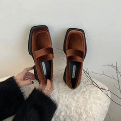 Suede Platform Chunky Heeled Loafers Square Toe Shoes