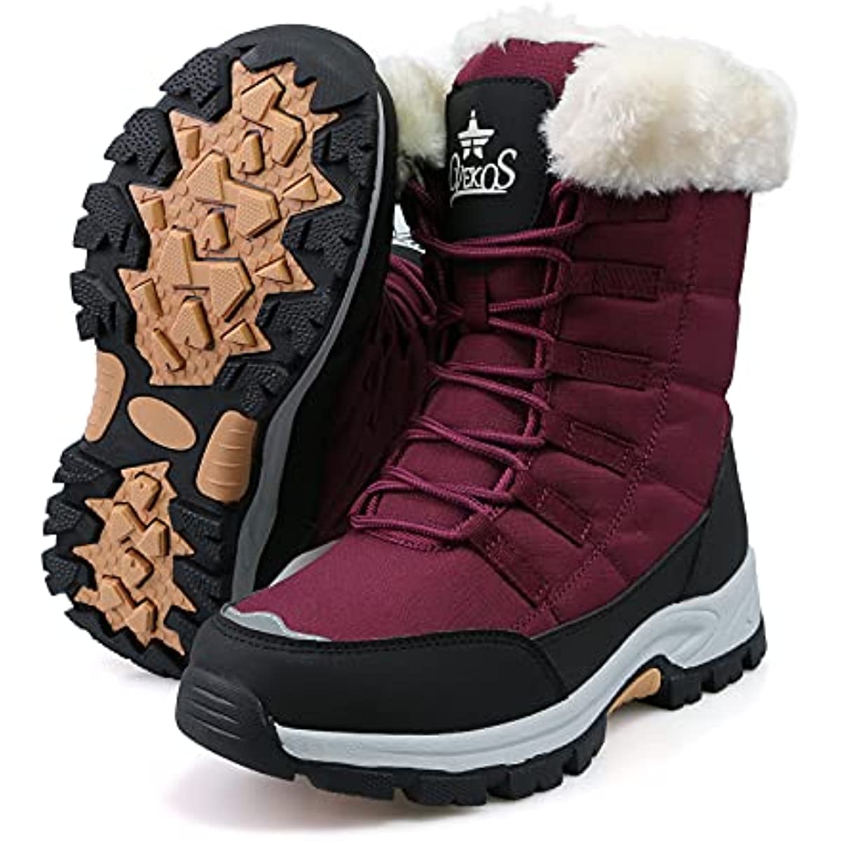Women's Winter Snow Boots Round Toe Mid Calf Boots Lace Up Outdoor Hiking Shoes