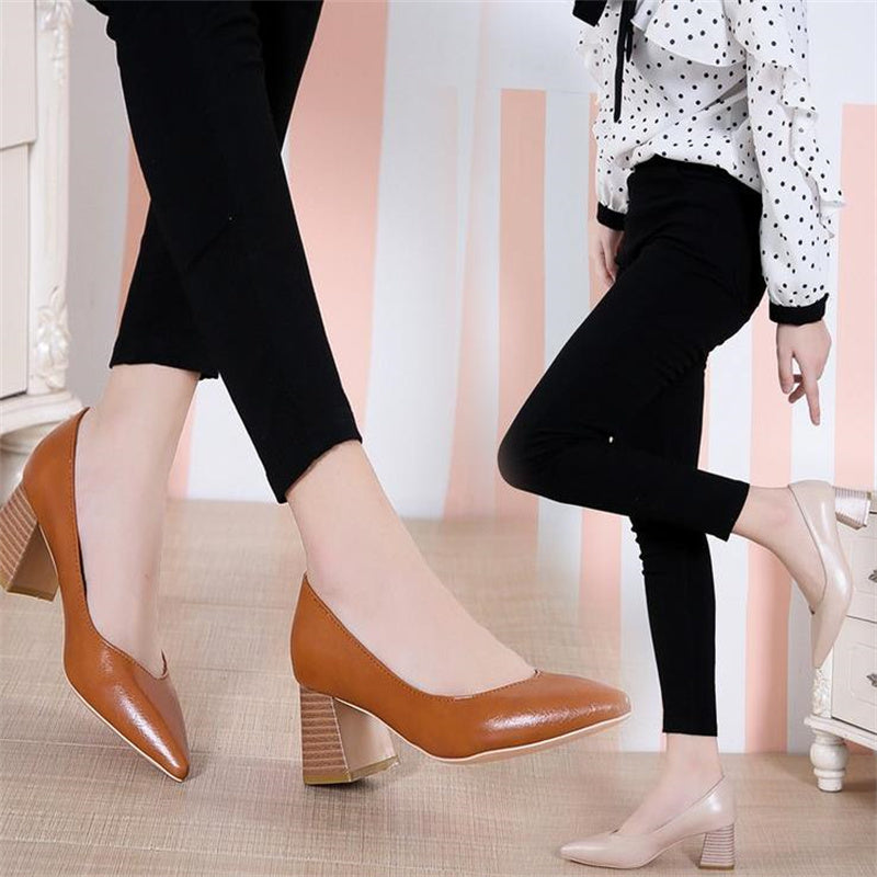 Block Heel Pointed Toe Court Pumps Soft Sole Slip On Stacked Heels