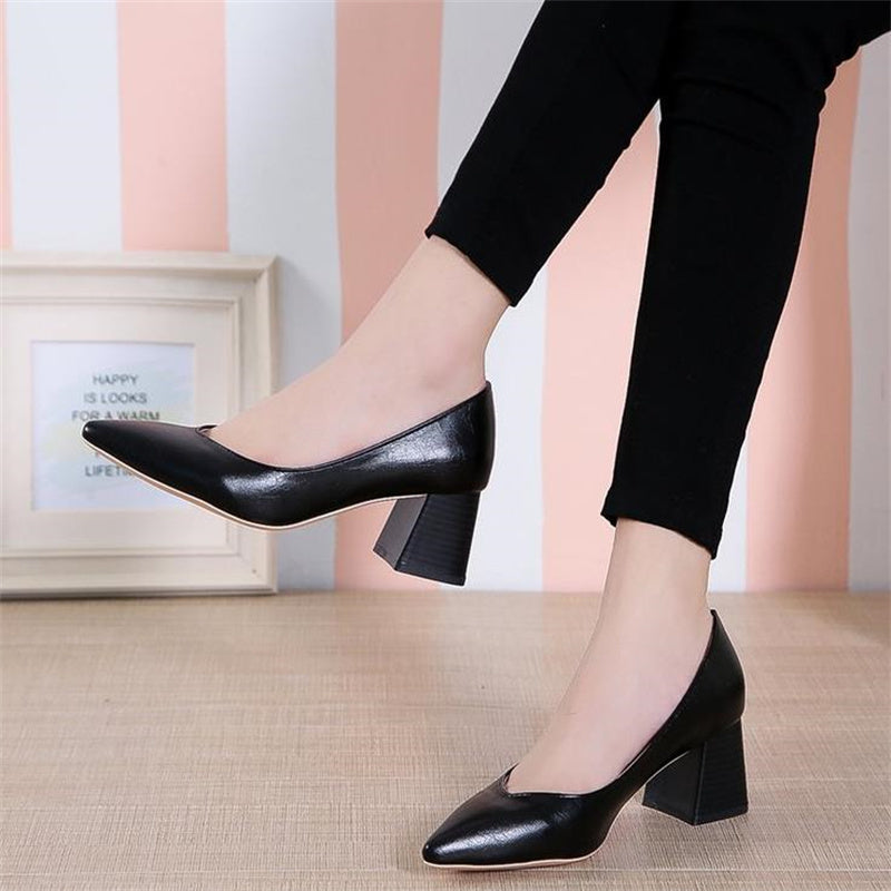 Block Heel Pointed Toe Court Pumps Soft Sole Slip On Stacked Heels