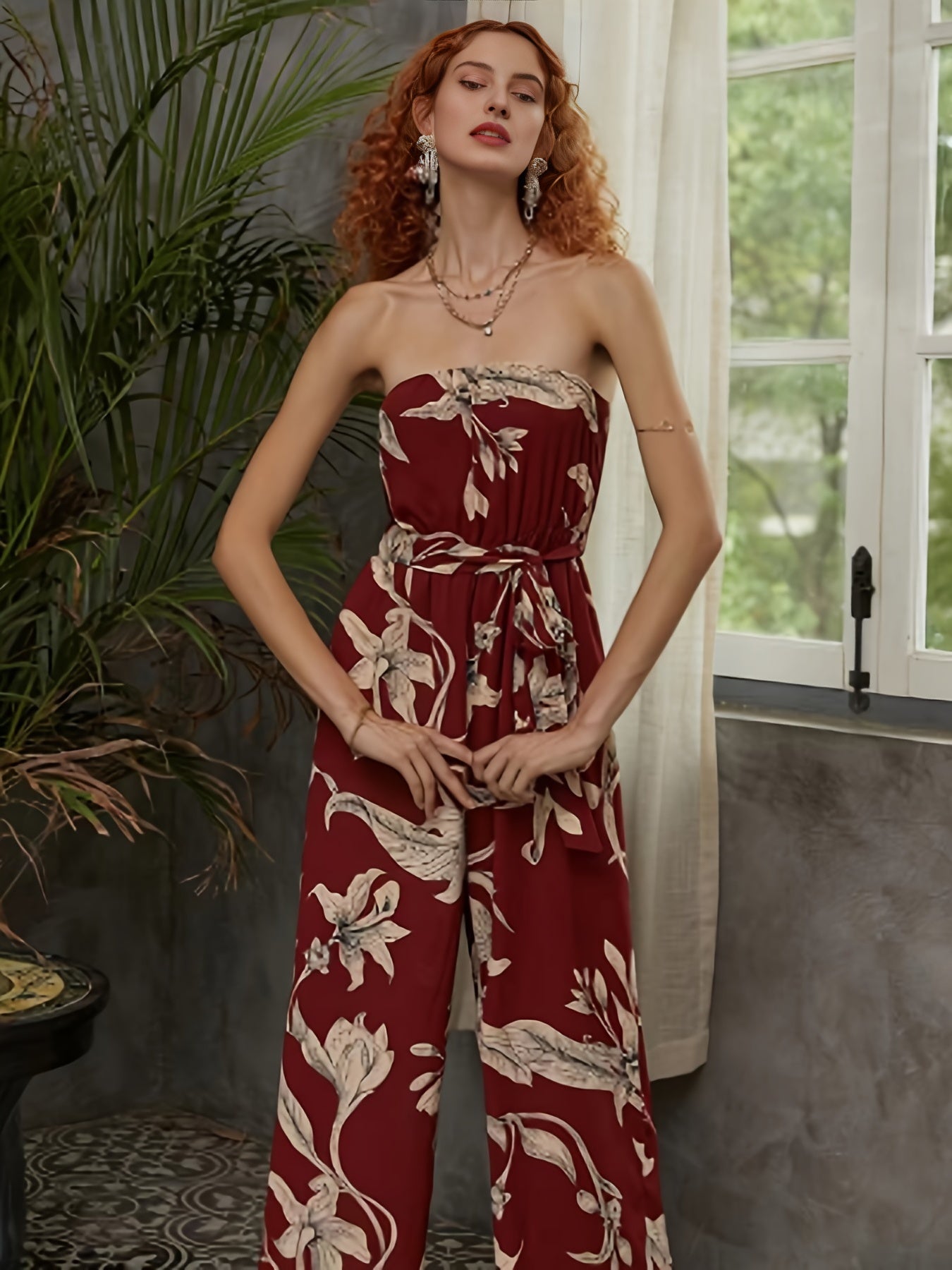 Boho Floral Strapless Jumpsuit Wide Leg Sexy Backless Jumpsuit