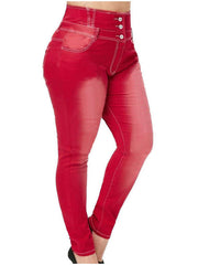 High Rise Button Fly Skinny Jeans Women's Plus Medium Stretch