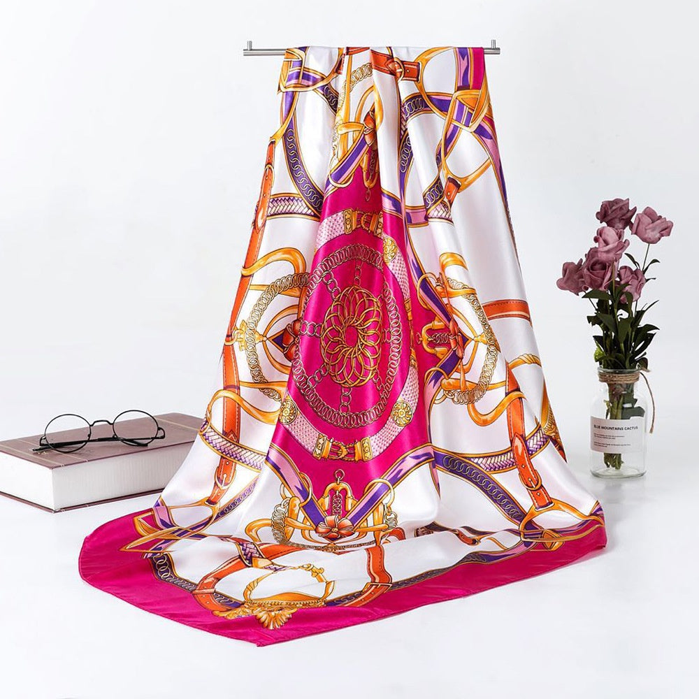 Women's Simulated Silk Square Printed Scarf Bandana Satin Shawl