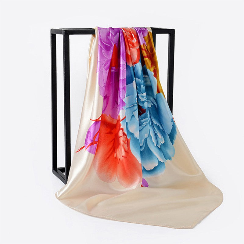 Women's Square Scarf Turban Satin Shawl - Simulated Silk Print