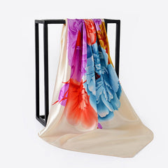Women's Square Scarf Turban Satin Shawl - Simulated Silk Print