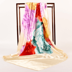 Women's Square Scarf Turban Satin Shawl - Simulated Silk Print