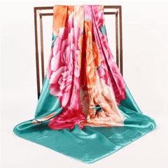 Women's Square Scarf Turban Satin Shawl - Simulated Silk Print