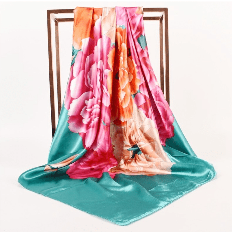Women's Square Scarf Turban Satin Shawl - Simulated Silk Print