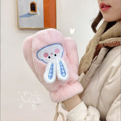 Rabbit Embroidery Gloves Mittens Plush Winter Warm Windproof Mittens