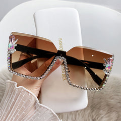 Rhinestone Semi Rimless Sunglasses Gradient Lens UV400