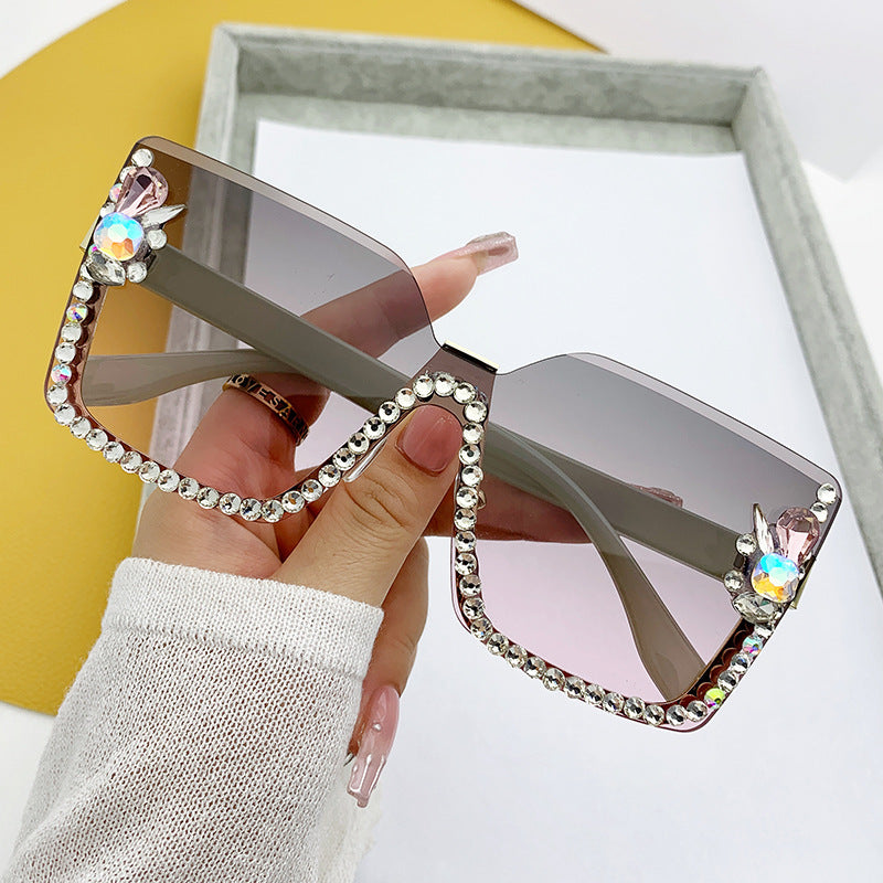 Rhinestone Semi Rimless Sunglasses Gradient Lens UV400