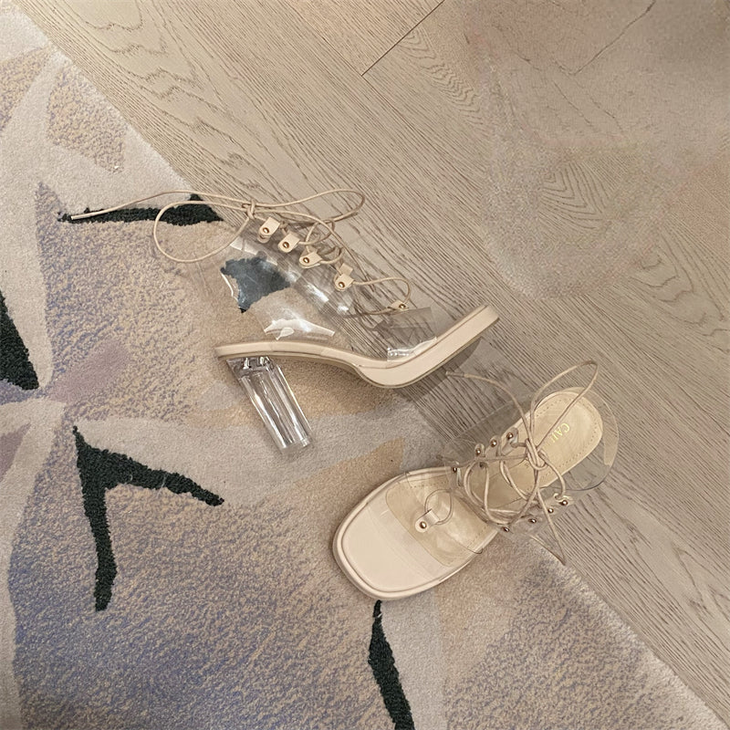 Chunky High Heel Lace-Up Transparent Pumps Square Toe