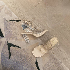 Chunky High Heel Lace-Up Transparent Pumps Square Toe