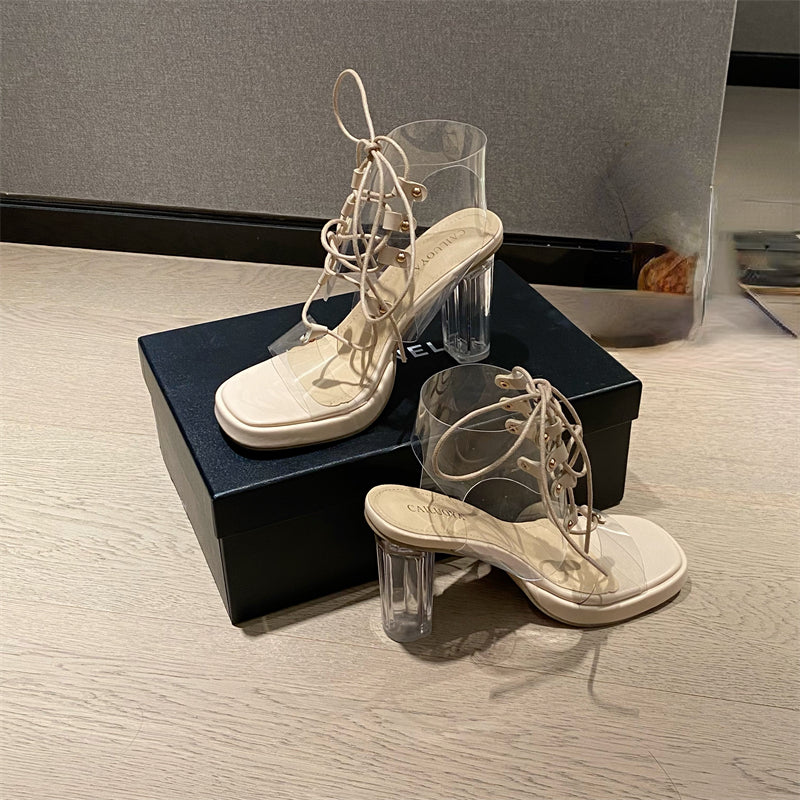 Chunky High Heel Lace-Up Transparent Pumps Square Toe