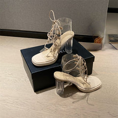 Chunky High Heel Lace-Up Transparent Pumps Square Toe
