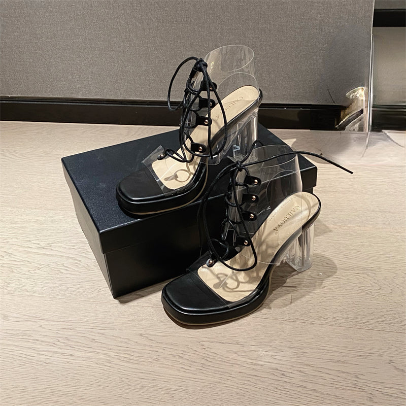Chunky High Heel Lace-Up Transparent Pumps Square Toe