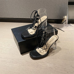 Chunky High Heel Lace-Up Transparent Pumps Square Toe