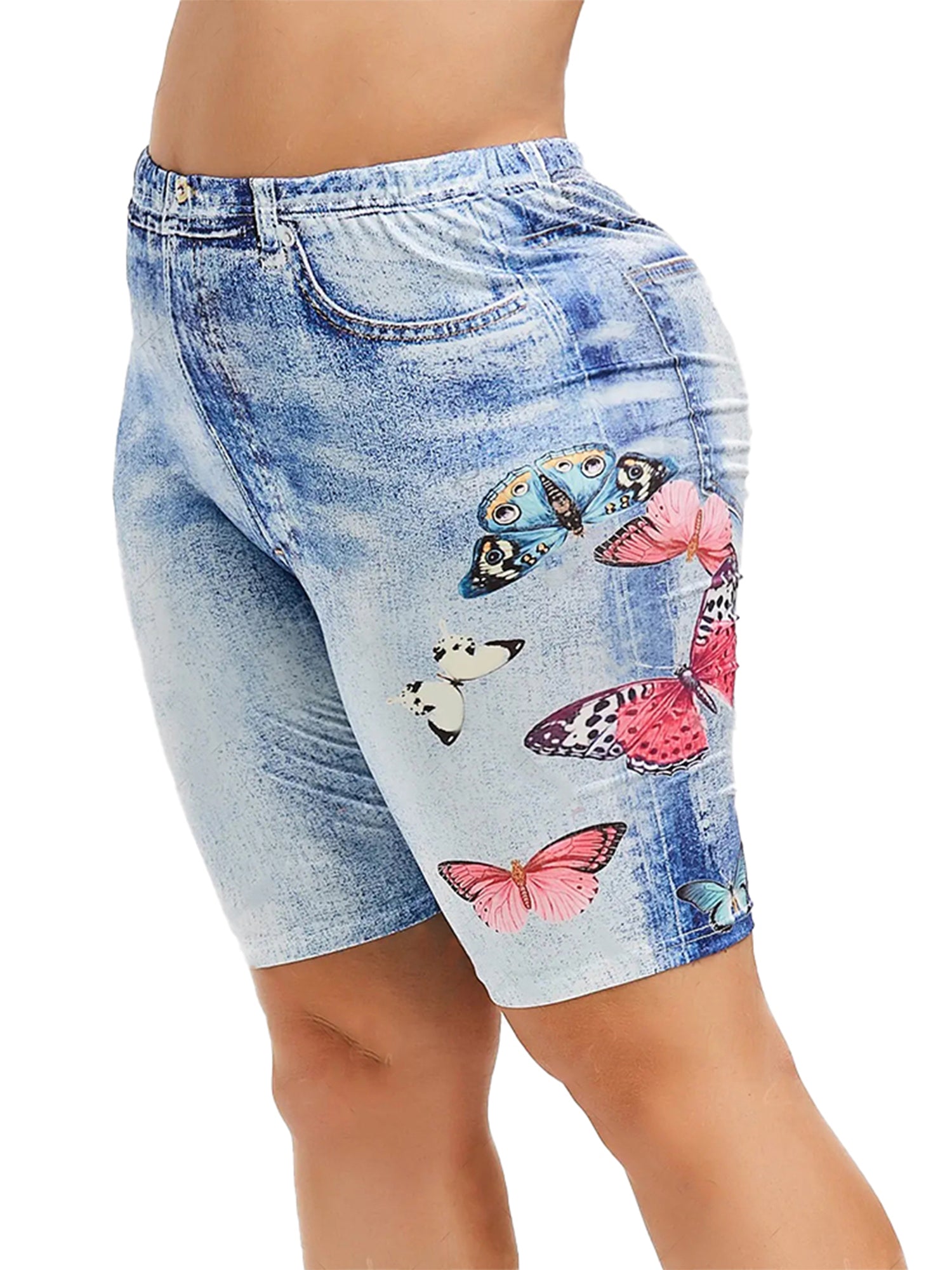 Butterfly Print High Rise Legging Shorts Women's Plus Casual Biker Shorts
