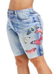 Butterfly Print High Rise Legging Shorts Women's Plus Casual Biker Shorts