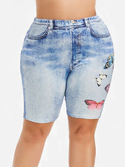 Butterfly Print High Rise Legging Shorts Women's Plus Casual Biker Shorts